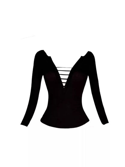 Lovely 2-Piece Set Cutout V Neck Mini Skirt Hottie Outfit Long Sleeve Color-Block Design Bodycon Short Dress AP4211