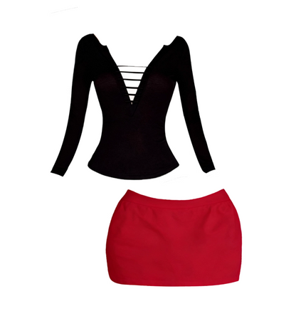 Lovely 2-Piece Set Cutout V Neck Mini Skirt Hottie Outfit Long Sleeve Color-Block Design Bodycon Short Dress AP4211