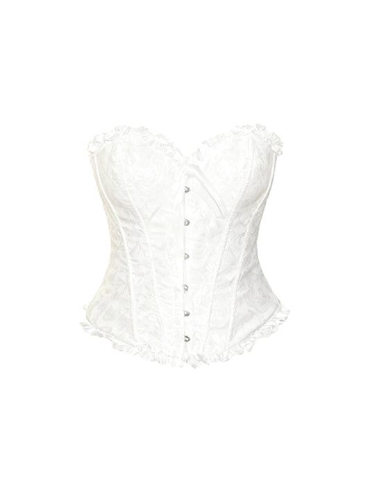 Refined 2-Piece Set Cinched-Waist Bodice A-Line Tiered Mini Skirt Romantic Strapless Lace Trim White Short Dress AP4212