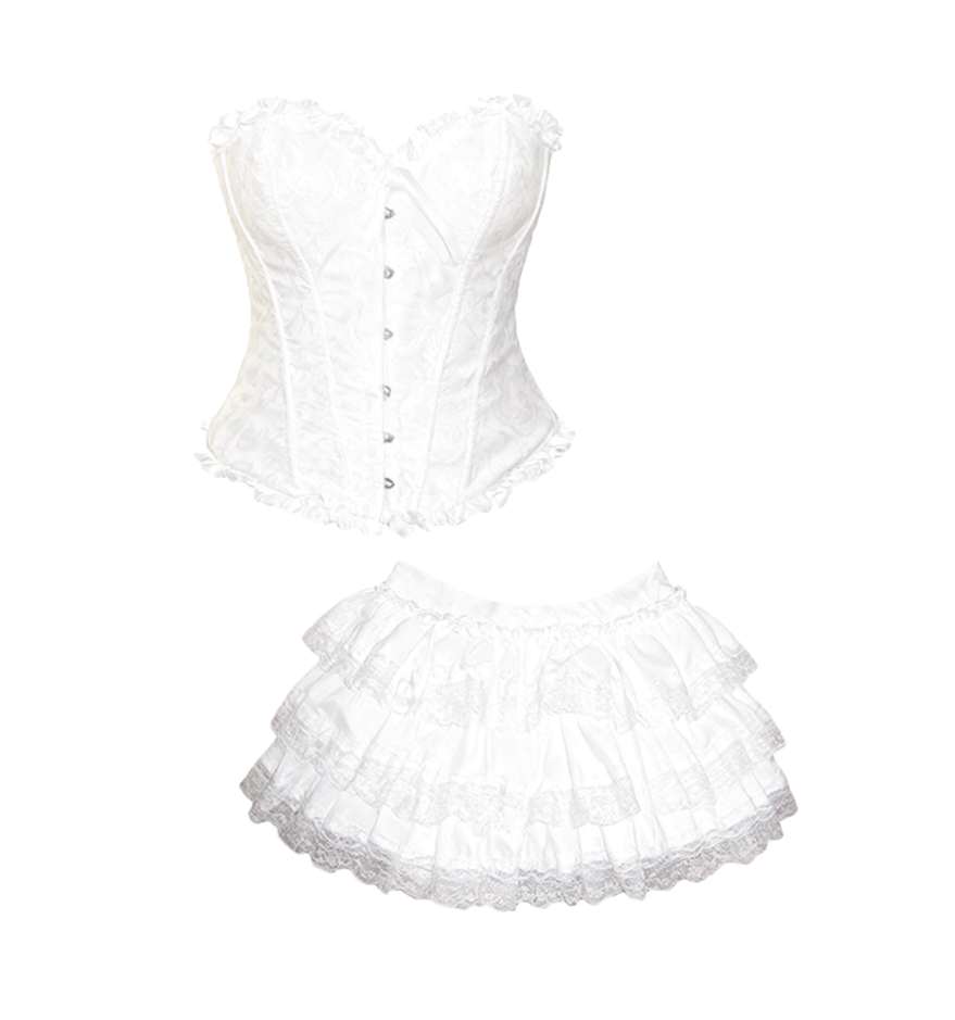 Refined 2-Piece Set Cinched-Waist Bodice A-Line Tiered Mini Skirt Romantic Strapless Lace Trim White Short Dress AP4212