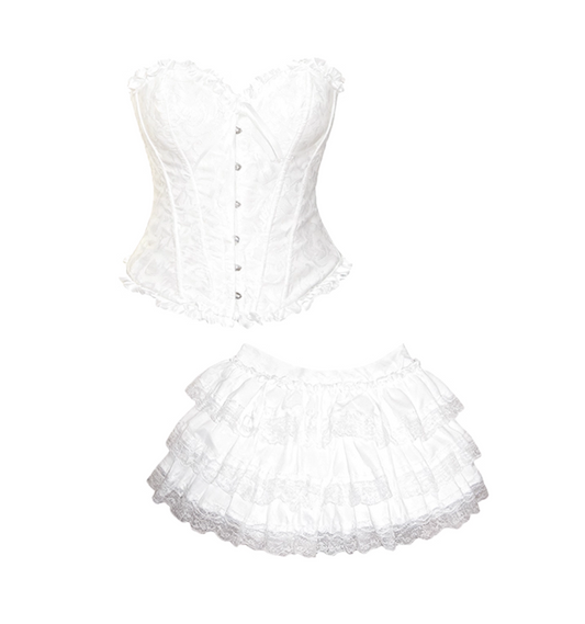 Refined 2-Piece Set Cinched-Waist Bodice A-Line Tiered Mini Skirt Romantic Strapless Lace Trim White Short Dress AP4212
