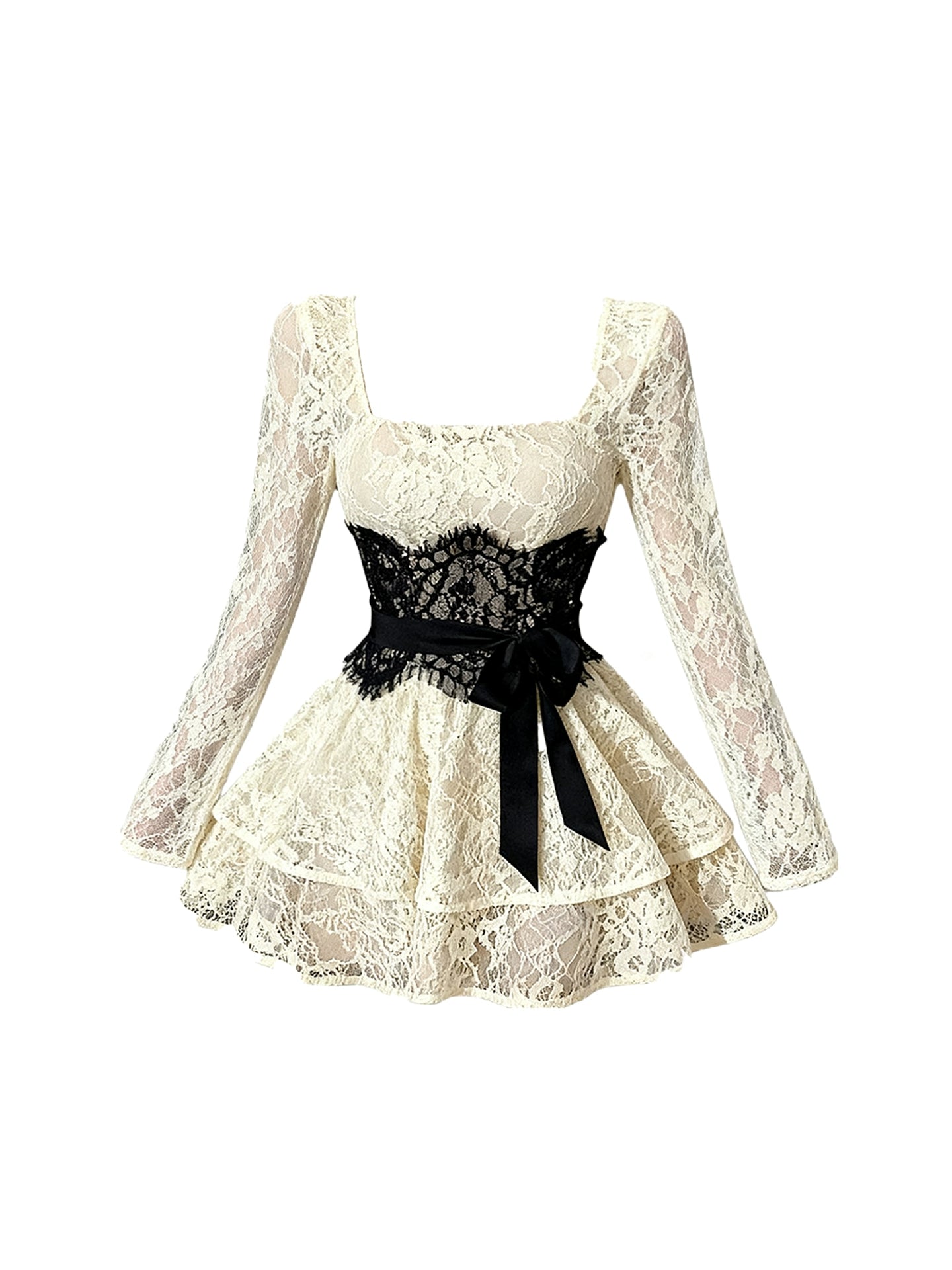 Beautiful Square Neck Lace Splicing Mini Skirt Sweet Long Sleeve A-Line Cinched-Waist Short Dress AP4213