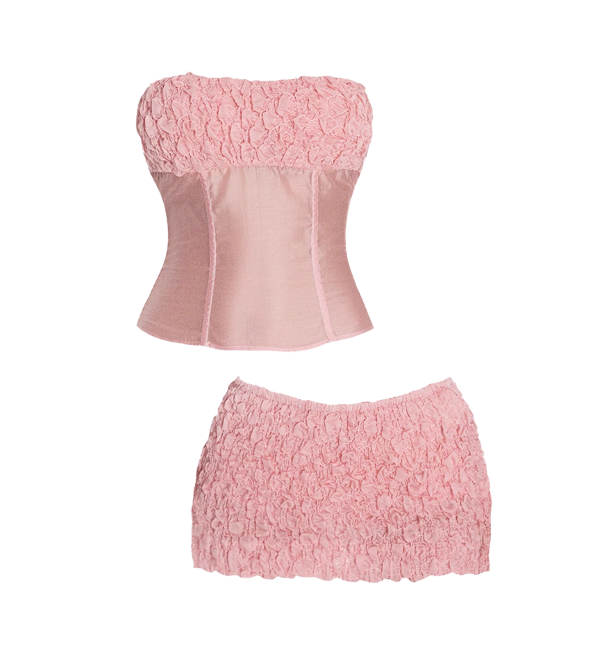 Enchanting Sheath 2-Piece Set Mini Skirt Adorable Ruffles Trim Strapless Party Outfit Short Dress AP4214