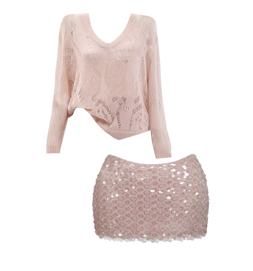 Superb V Neck Long Sleeve Mini Skirt Glittering 2-Piece Set Bodycon Sequins Design Short Dress AP4215