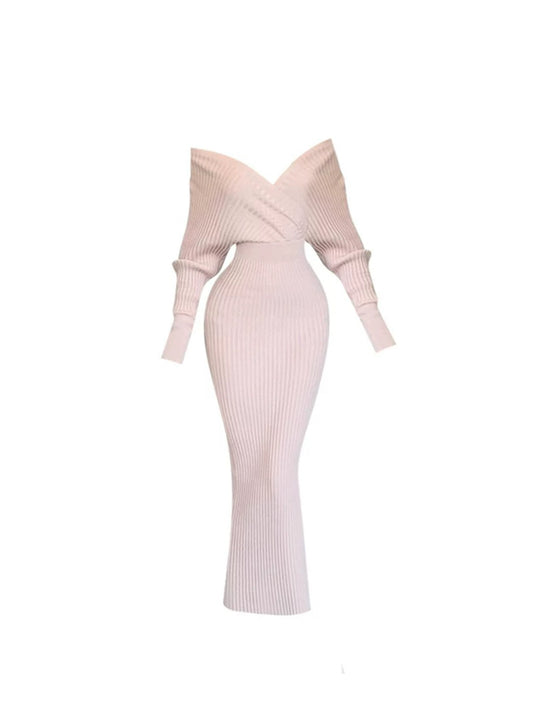 Wonderful Sheath Knitted Maxi Dress Graceful Long Sleeve Off-Shoulder Long Dress AP4216
