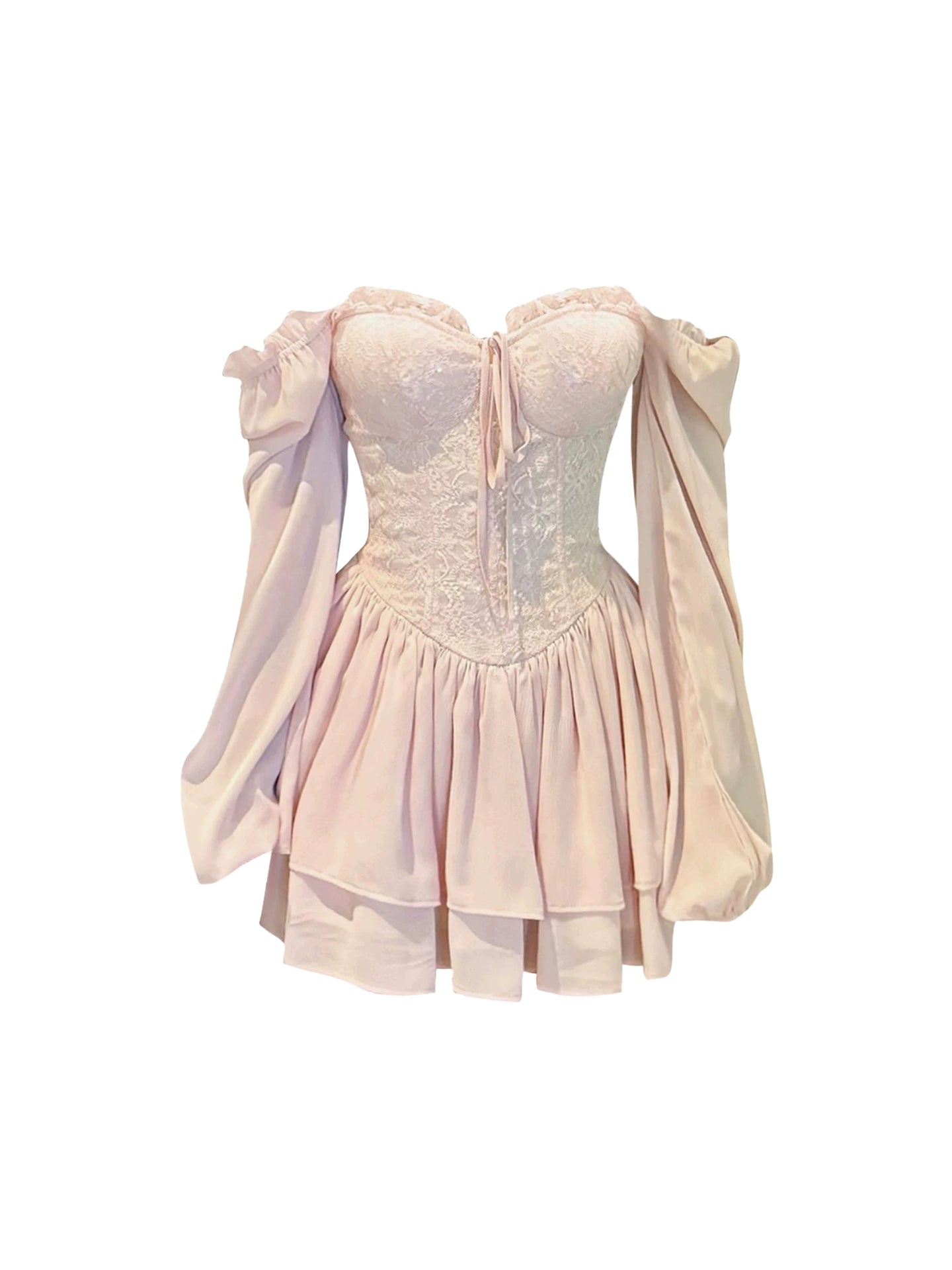 Fascinating 2-Piece Set A-Line Lace Trim Mini Skirt Lovely Long Sleeve Off-Shoulder Tiered Hem Short Dress AP4219