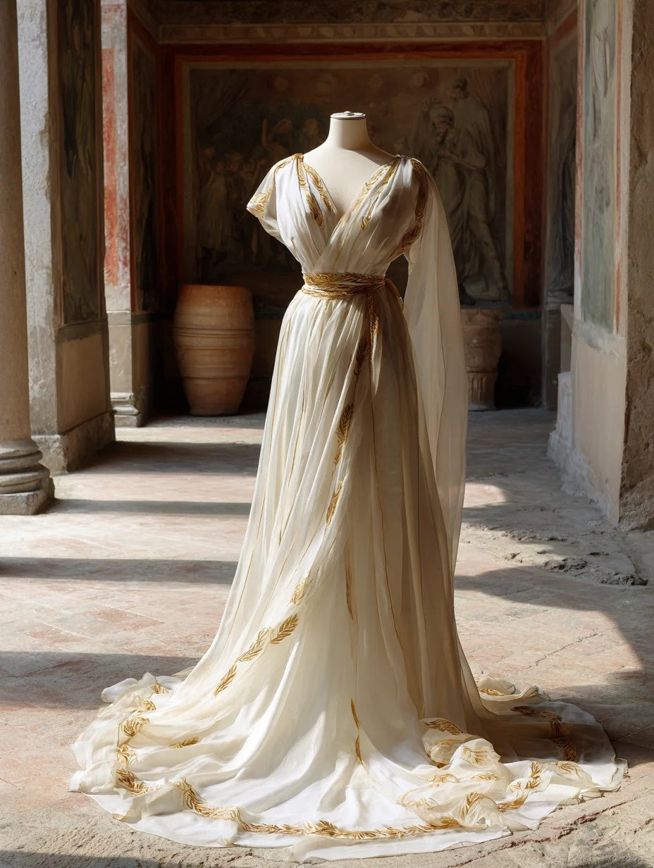 Fabulous A-Line V Neck Evening Gowns Greek Style Sash Appliques Prom Dress AP4224