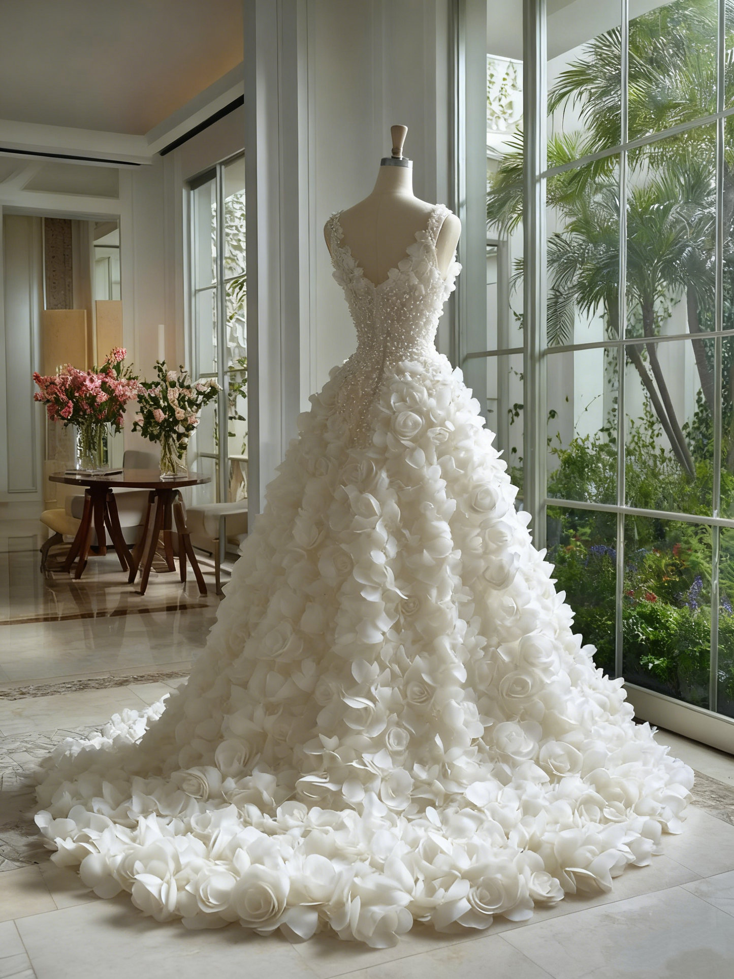 Luxurious A-Line Spaghetti Strap Evening Dresses Handmade Flowers Beading Prom Dress AP4226