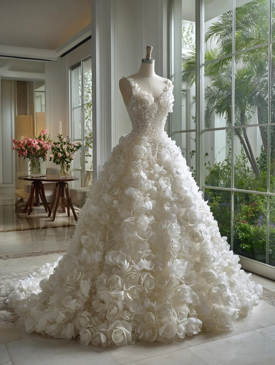 Luxurious A-Line Spaghetti Strap Evening Dresses Handmade Flowers Beading Prom Dress AP4226