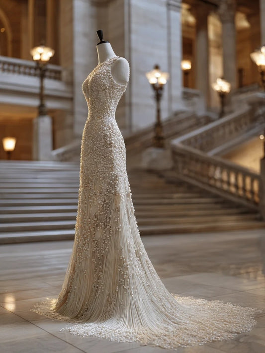 Graceful Sheath Jewel Neck Evening Gowns Exquisite Beading Tassel Prom Dress AP4228