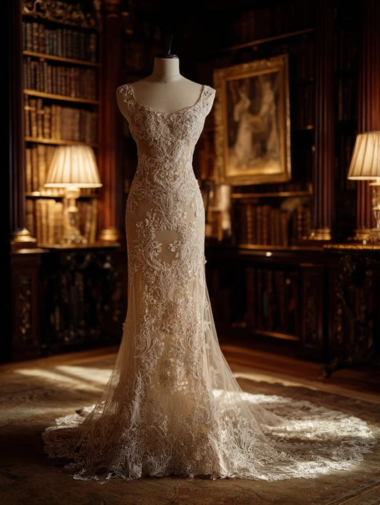 Fantastic Sheath Square Neck Evening Gowns Lace Tulle Prom Dress AP4231