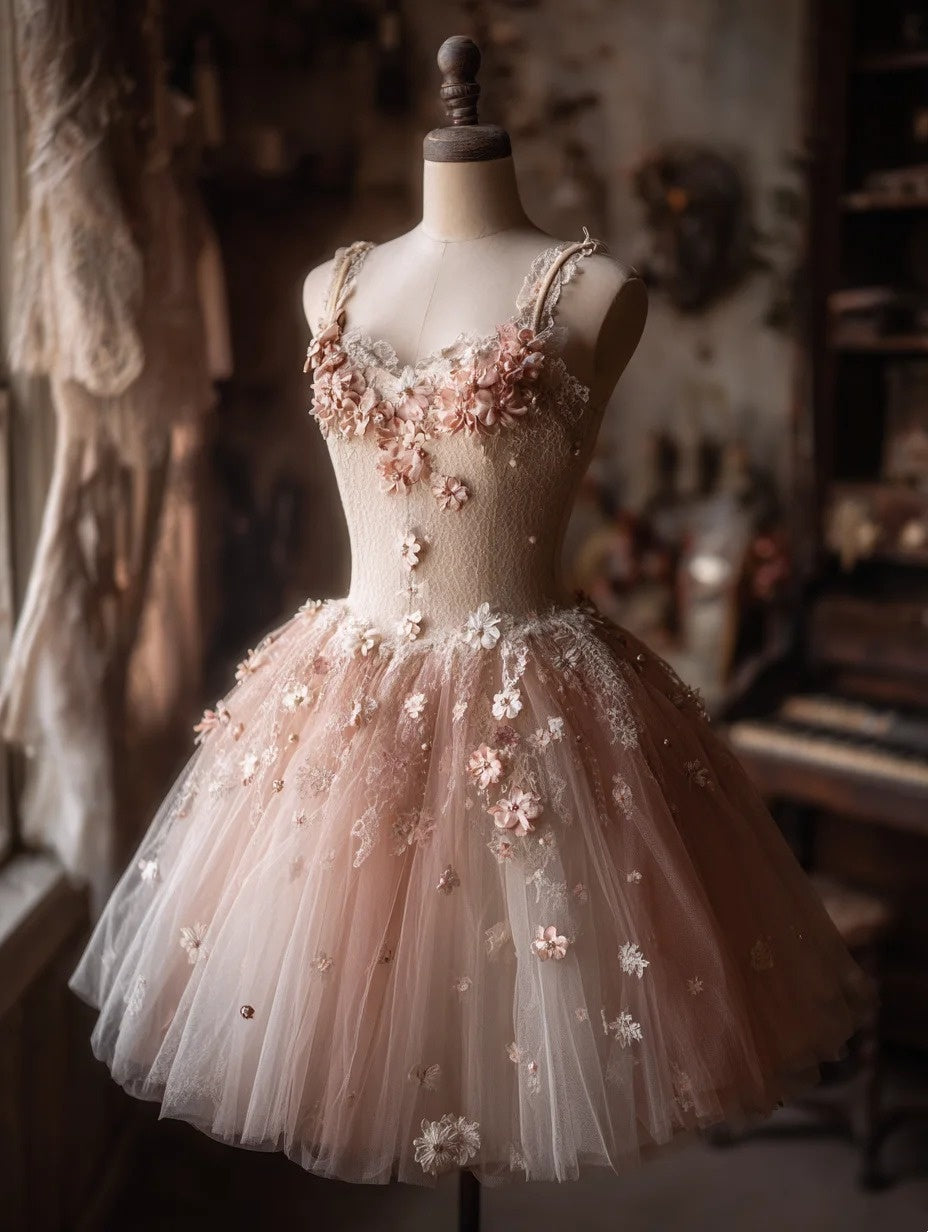 Artistic Spaghetti Strap A-Line Birthday Gowns Beading Appliques Tulle Homecoming Dress AP4235