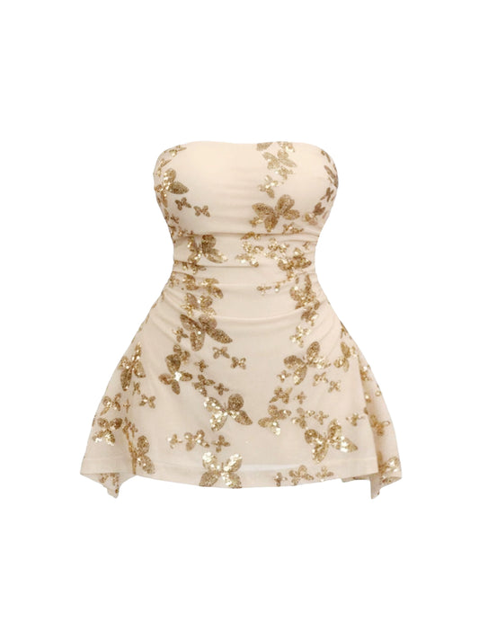 Ethereal A-Line Sequins Accent Mini Skirt Sweet Cinched-Waist Strapless Short Dress AP4237