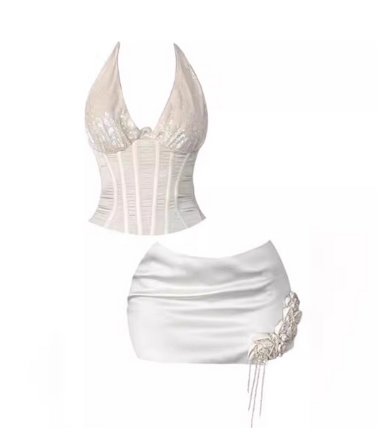 Sheen Bodycon 2-Piece Set Mini Skirt Hottie Outfit Sequins Floral Design Halter Short Dress AP4238