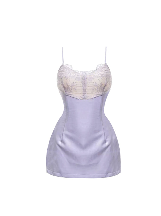 Alluring Spaghetti Strap Purple Mini Skirt Vogue Lace Splicing Bodycon Short Dress AP4239
