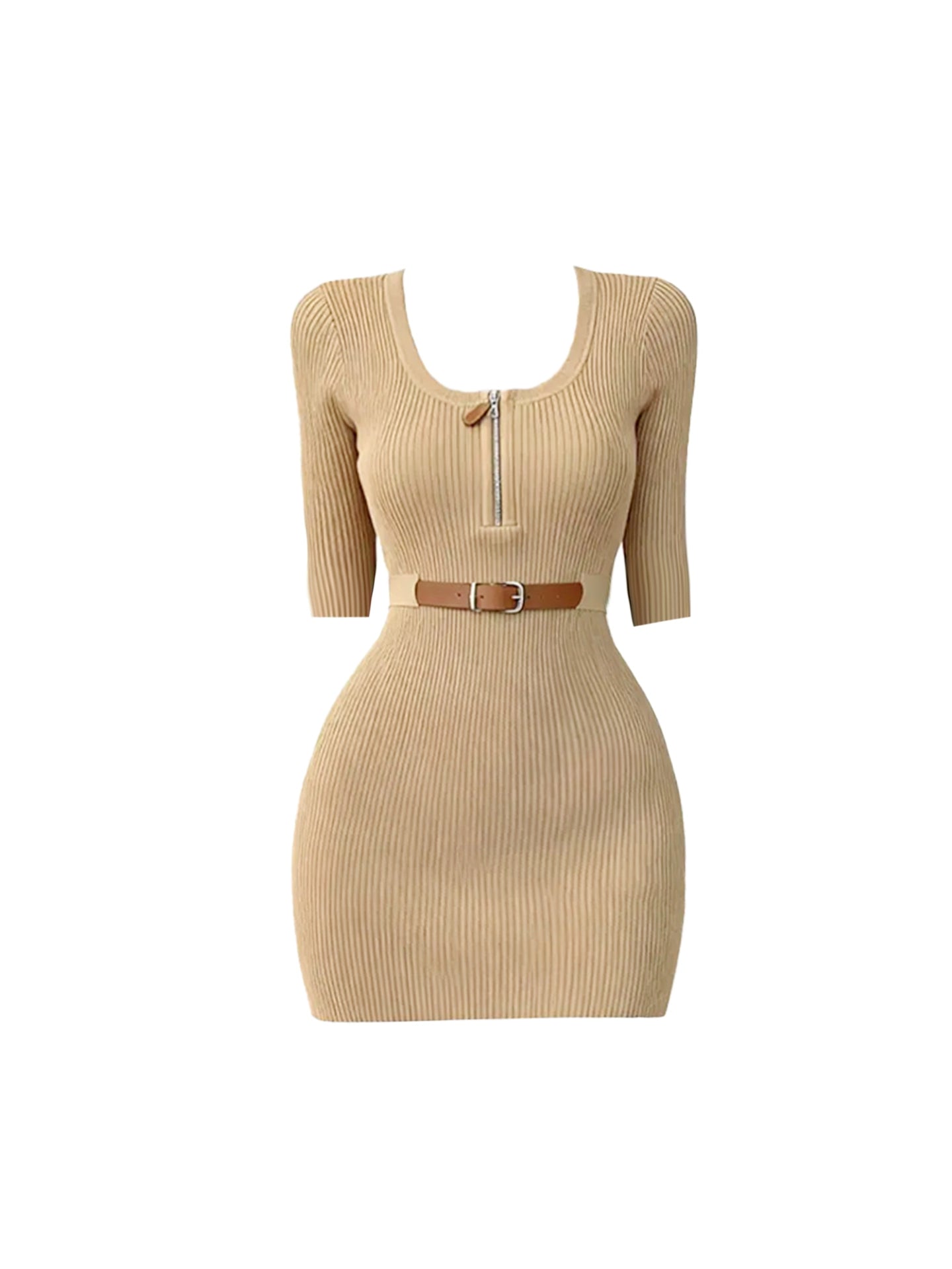 Gorgeous Short Sleeve Zipper Design Mini Skirt Vintage Bodycon Square Neck Knitted Short Dress AP4240