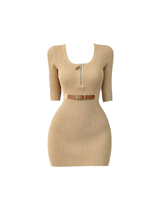 Gorgeous Short Sleeve Zipper Design Mini Skirt Vintage Bodycon Square Neck Knitted Short Dress AP4240