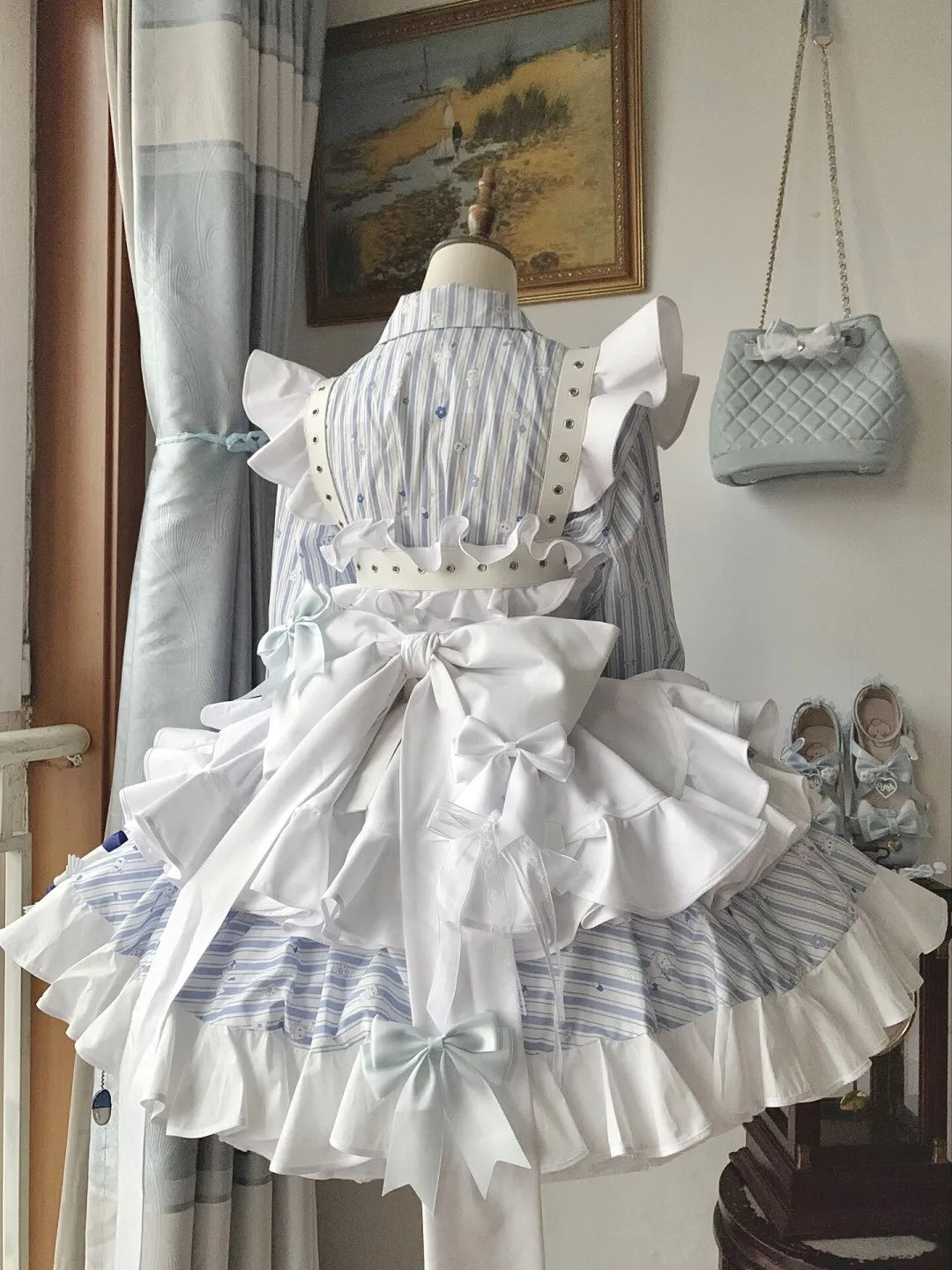 Dramatic A-Line Lapel Neck Birthday Gowns Long Sleeve Bows Belt Sequins Stripe Homecoming Dress AP4243