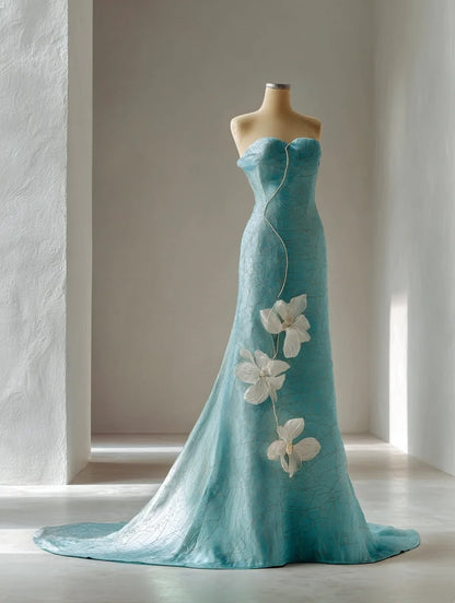 Unique Strapless Sheath Sweet 16th Dresses Handmade Flowers Prom Dress AP4246