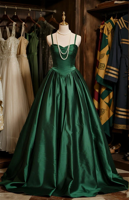 Minimalism A-Line Spaghetti Strap Evening Dresses Green Satin Prom Dress AP4249