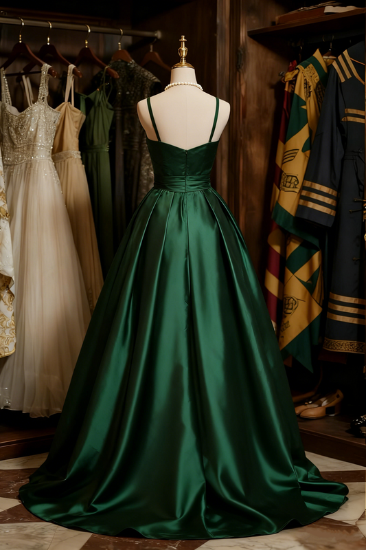 Minimalism A-Line Spaghetti Strap Evening Dresses Green Satin Prom Dress AP4249