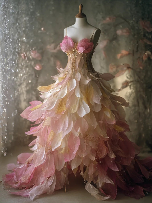 Sparkly A-Line Spaghetti Strap Evening Dresses Petals Feather Beading Prom Dress AP4253