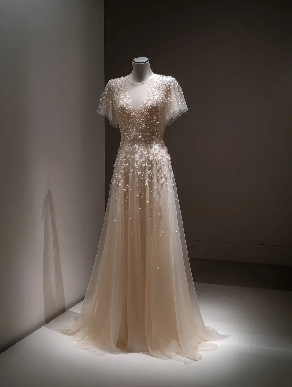 Playful A-Line Jewel Neck Sweet 16th Dresses Beads Sequins Short Sleeve Tulle Prom Dress AP4255