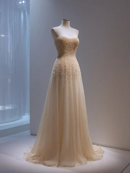 Flowy Strapless A-Line Sweet 16th Dresses Beads Sequins Tulle Prom Dress AP4256