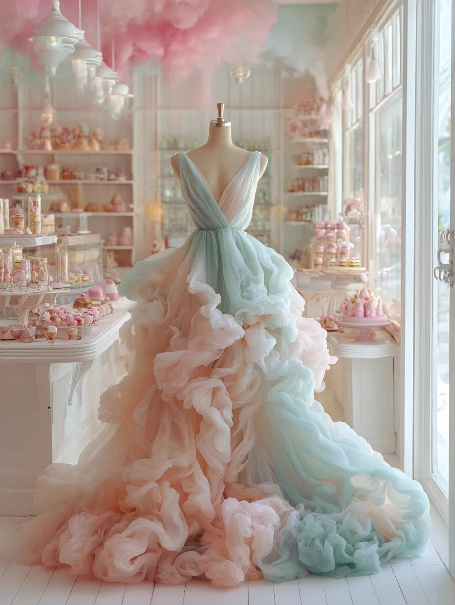 Stylish A-Line Deep V Neck Sweet 16th Dresses Ombre Ruffles Tulle Prom Dress AP4257