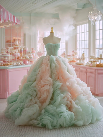 Flattering A-Line Strapless Sweet 16th Dresses Ruffles Ombre Tulle Prom Dress AP4258