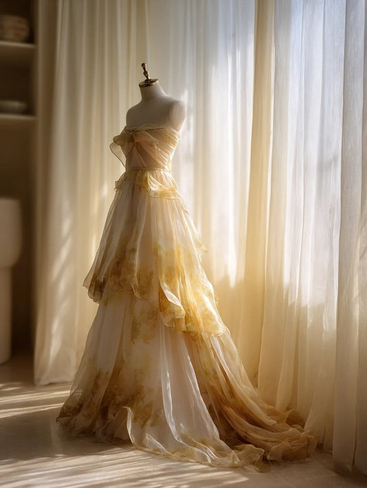 Fitted A-Line Strapless Sweet 16th Dresses Floral Print Tulle Tiered Prom Dress AP4260