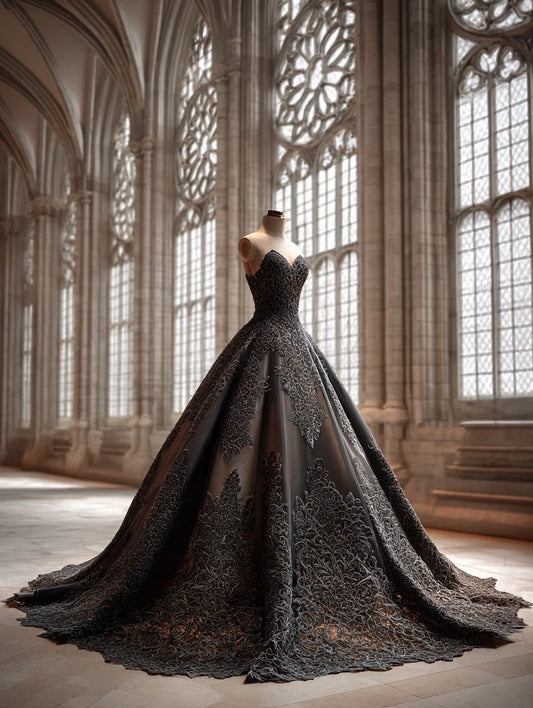 Gothic-Style A-Line Strapless Sweet 16th Dresses Appliques Black Prom Dress AP4261