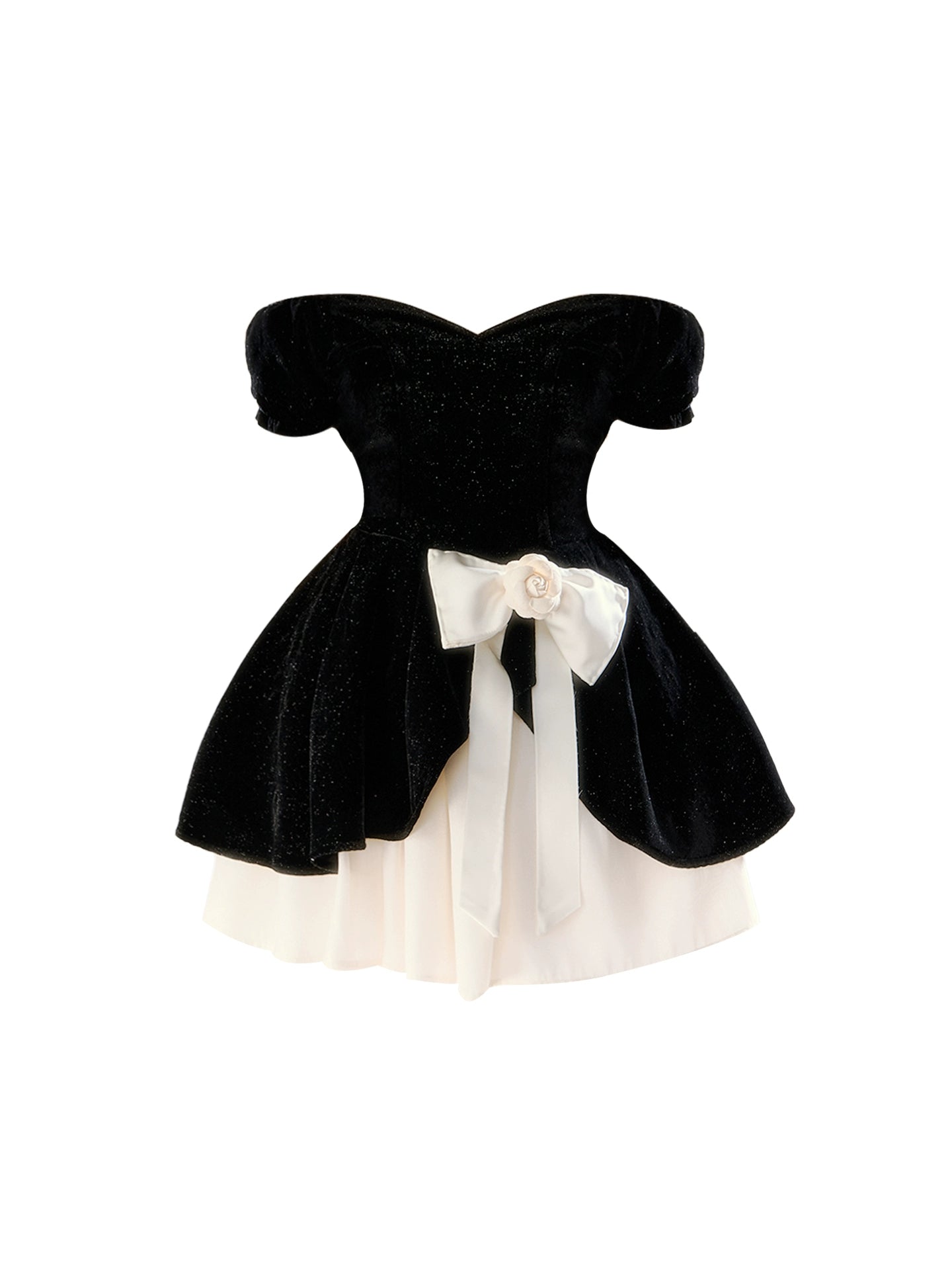 Sexy Off-Shoulder Sequins Accent Mini Skirt Alluring A-Line Bow Floral Short Dress AP4263