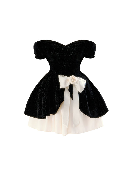 Sexy Off-Shoulder Sequins Accent Mini Skirt Alluring A-Line Bow Floral Short Dress AP4263