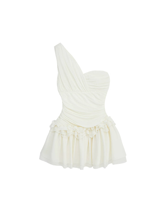 Vogue One Shoulder White Tulle Mini Skirt Elegant A-Line Ruffles Trim Short Dress AP4264