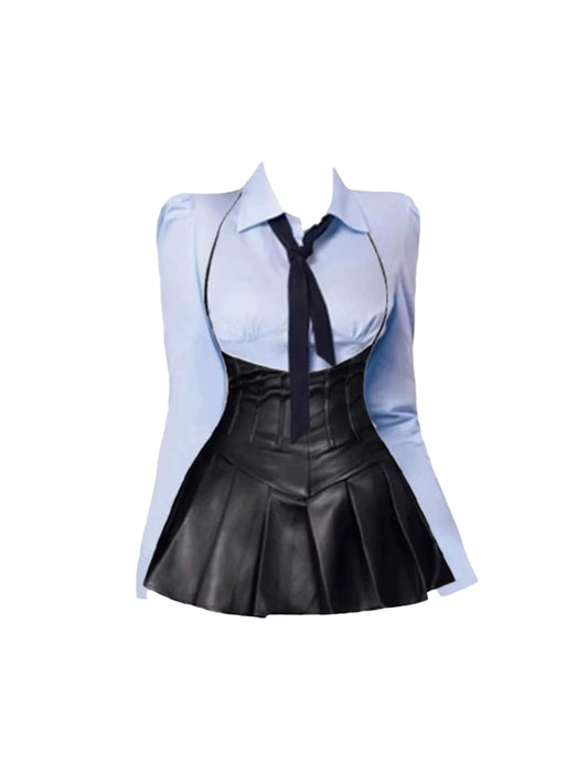 Pretty 2-Piece Set A-Line Leather Mini Skirt Casual Ribbon Long Sleeve Lapel Neck Shirt Short Dress AP4266