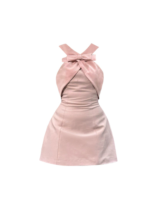 Hot Girls Bow Accent A-Line Mini Skirt Lovely Pink Party Outfit Halter Short Dress AP4269