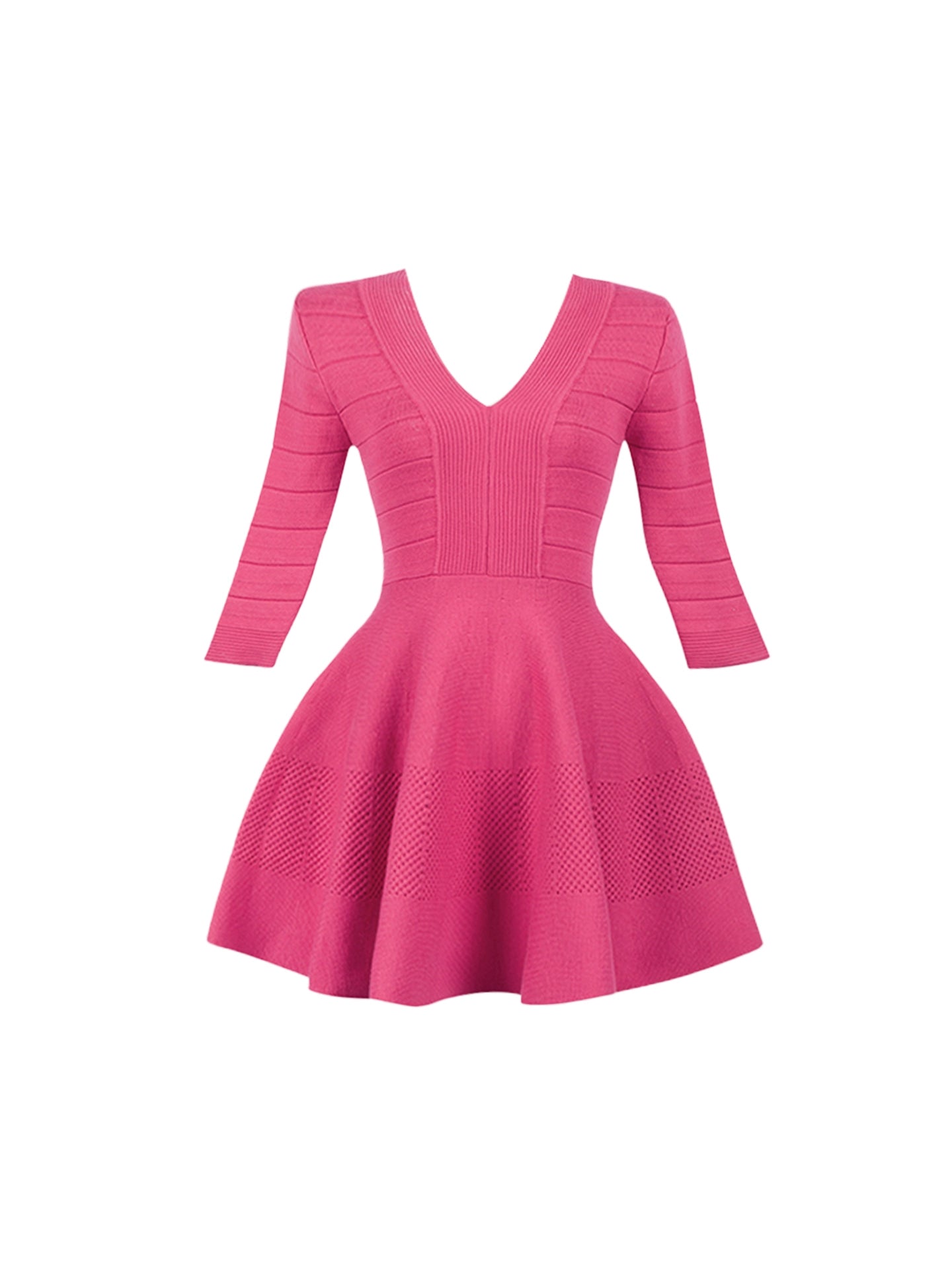 Gen Z Style A-Line Knitted Mini Skirt Classical Long Sleeve Hot pink V Neck Shirt Short Dress AP4270