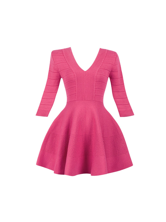 Gen Z Style A-Line Knitted Mini Skirt Classical Long Sleeve Hot pink V Neck Shirt Short Dress AP4270