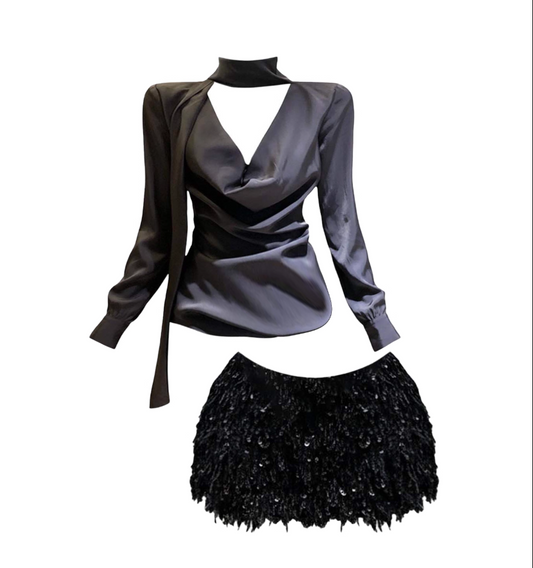 Hottie V Neck Draped Mini Skirt With Sash Sexy Long Sleeve Sequins Fur Trim Bodycon Short Dress AP4271