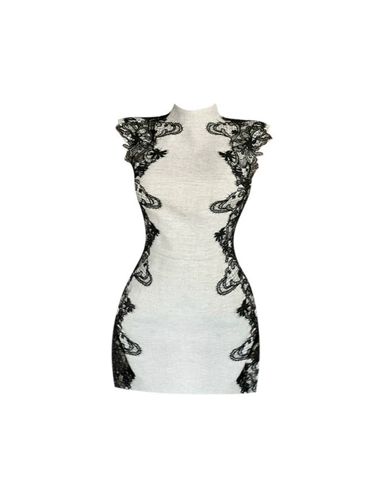 Y2K Style Sheath High Collar Mini Skirt Vogue Lace Trim Sleeveless Short Dress AP4273