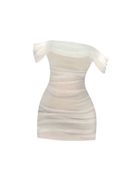 Fairy Sheath Tulle Overlay Mini Skirt Graceful White Off-Shoulder Pleated Short Dress AP4275