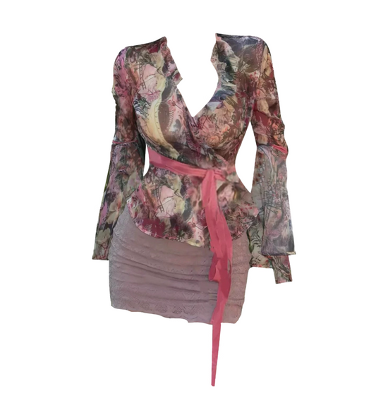 Everyday Wear V Neck Floral Print 2-Piece Set Mini Skirt Romantic Lace Splicing Long Sleeve Bodycon Short Dress AP4276