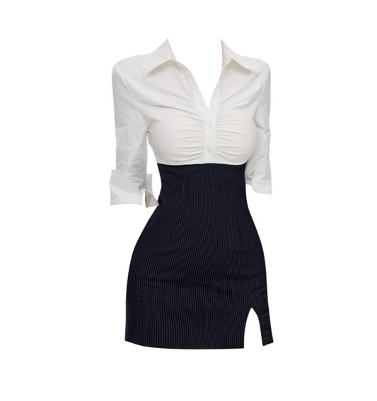 Lovely V Neck White & Black Splicing Knitted Mini Skirt Casual Long Sleeve Bodycon Slit Short Dress AP4277