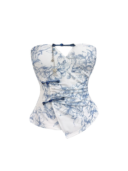 Refined 2-Piece Set Strapless Floral Mini Skirt Vintage Knot Button A-Line Short Dress AP4278