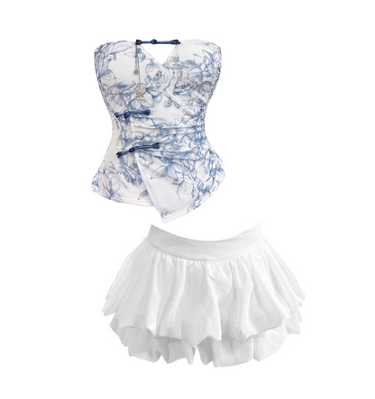 Refined 2-Piece Set Strapless Floral Mini Skirt Vintage Knot Button A-Line Short Dress AP4278