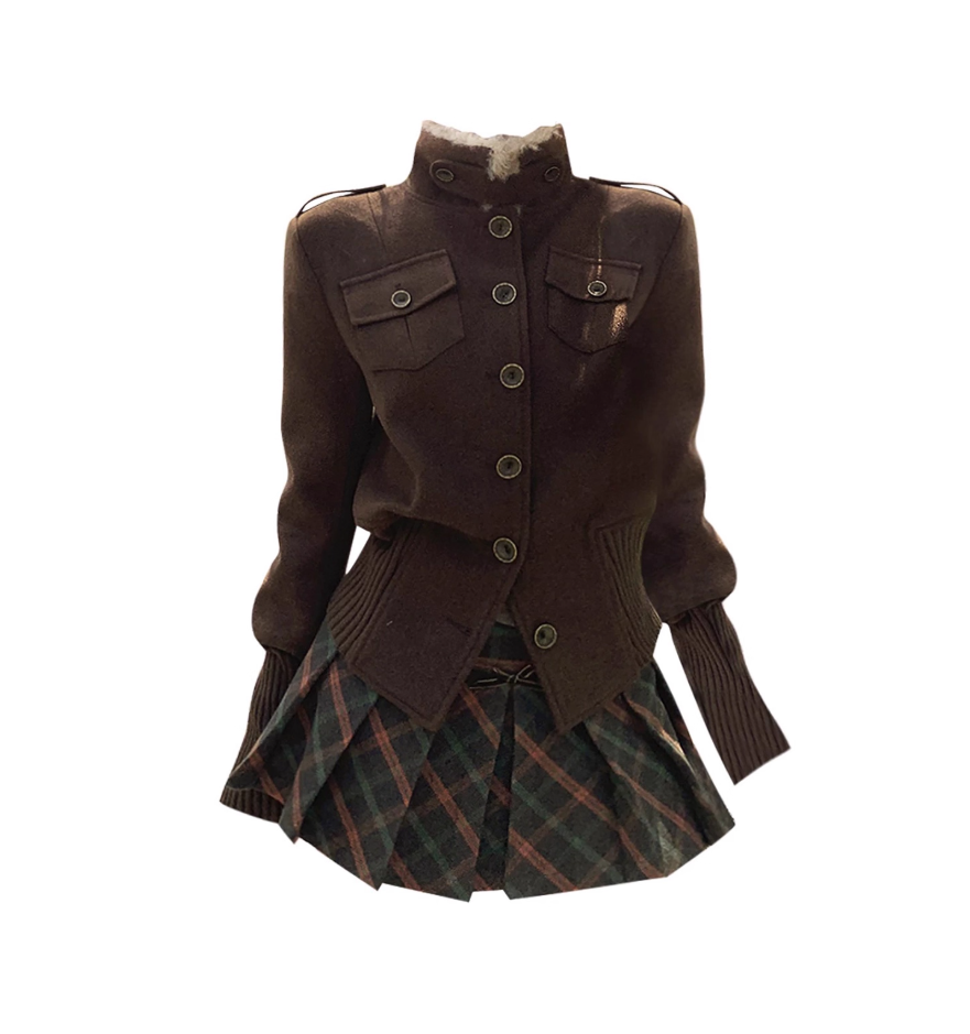 Beautiful High Collar 2-Piece Set Mini Skirt Vintage A-Line Long Sleeve Plaid Short Dress AP4279