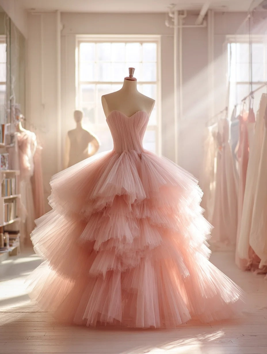 Amazing Strapless A-Line Sweet 16th Gowns Pink Tiered Tulle Prom Dress AP4283