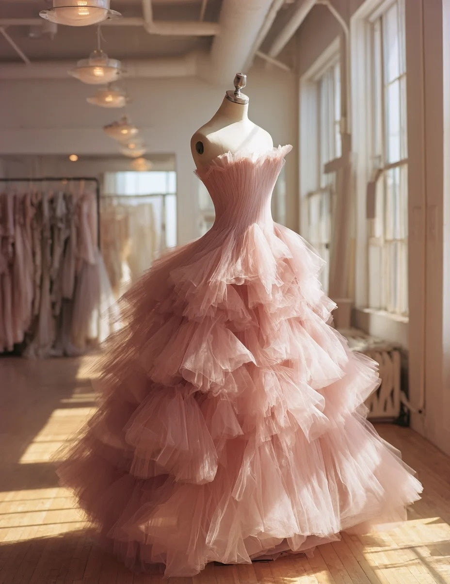 Splendid A-Line Strapless Sweet 16th Gowns Tiered Tulle Pink Prom Dress AP4286