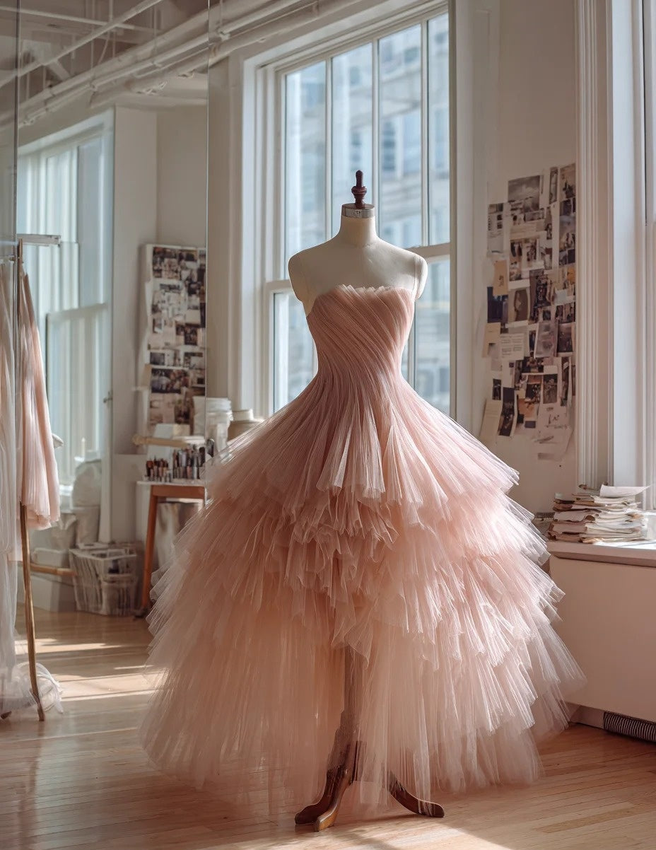 Enticing A-Line Strapless Sweet 16th Gowns Pink Tiered Tulle Prom Dress AP4287